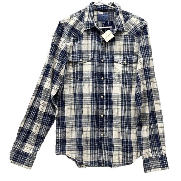 Lucky Brand Shirt Mens Small Pearl Snap Western True Indigo Plaid Cowboy NWT - Picture 1 of 8
